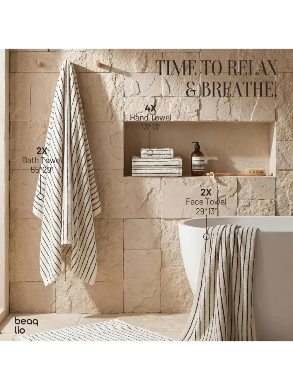 Soft 100% Cotton Striped Bath Towels Set - 8 Pack, Quick-Dry, White Color